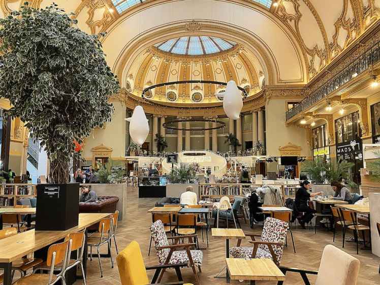 Café installé sous la verrière du Stadsfeestzaal à Anvers
