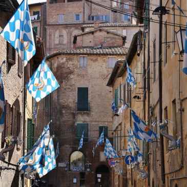 Rue décorée de drapeaux pour le Palio de Sienne