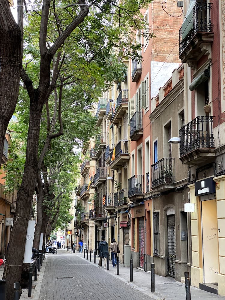 Rue bordée de commerces et d’immeubles dans le quartier de Gràcia