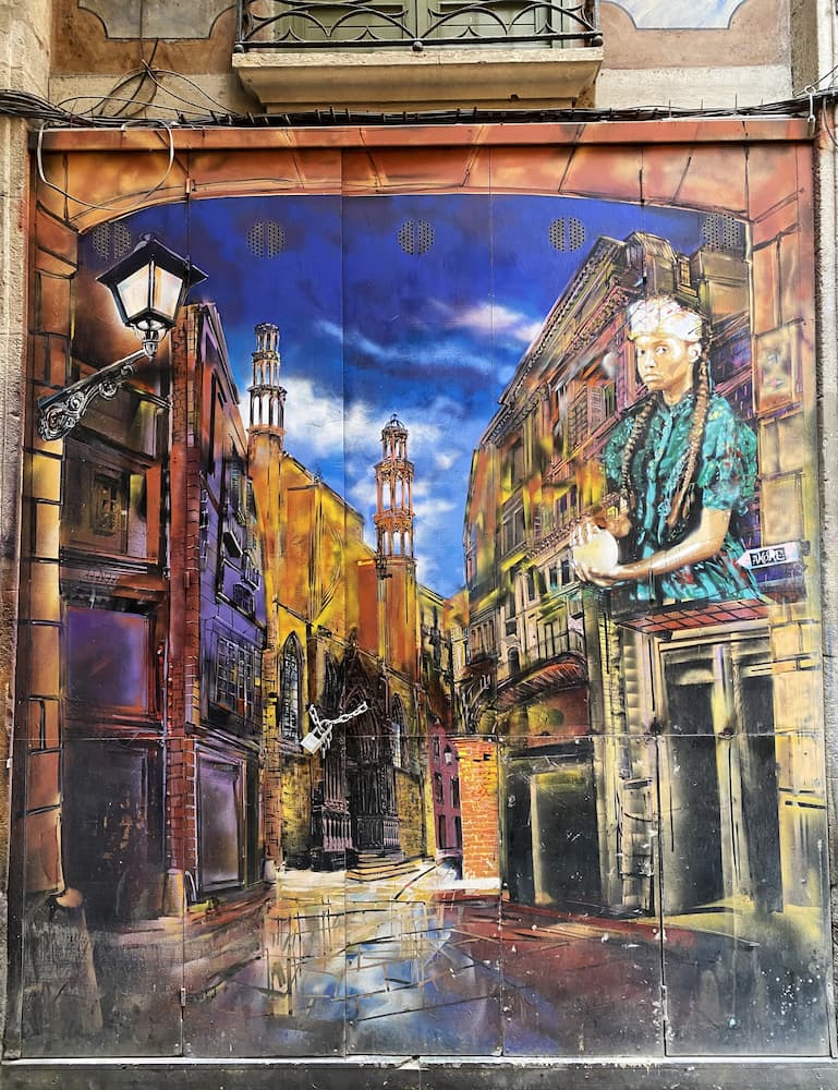 Fresque de street art sur un mur du quartier d’El Born à Barcelone